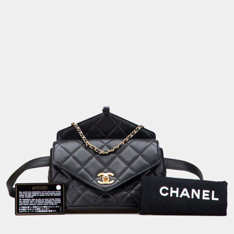 Pre Owned Chanel Coco Mark Matelasse Body Bag/Waist Bag/Pouch 2-Way Black Lambskin