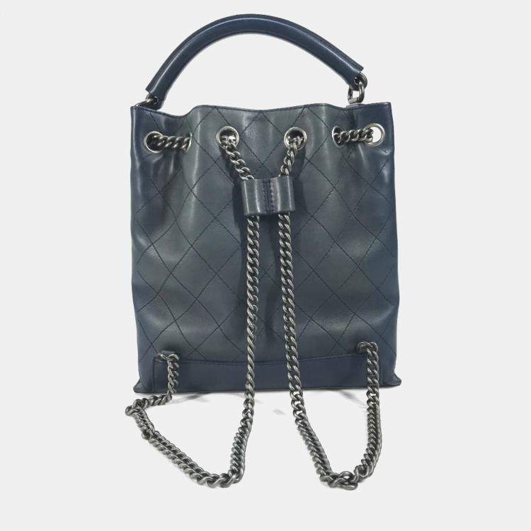 Pre Owned Chanel Matelasse Cc Coco Mark Chain 3-Way Drawstring Handbag Bag Shoulder Leather Blue