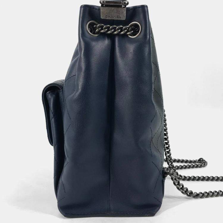 Pre Owned Chanel Matelasse Cc Coco Mark Chain 3-Way Drawstring Handbag Bag Shoulder Leather Blue