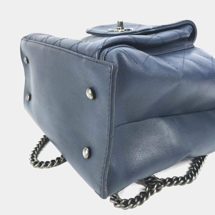 Pre Owned Chanel Matelasse Cc Coco Mark Chain 3-Way Drawstring Handbag Bag Shoulder Leather Blue