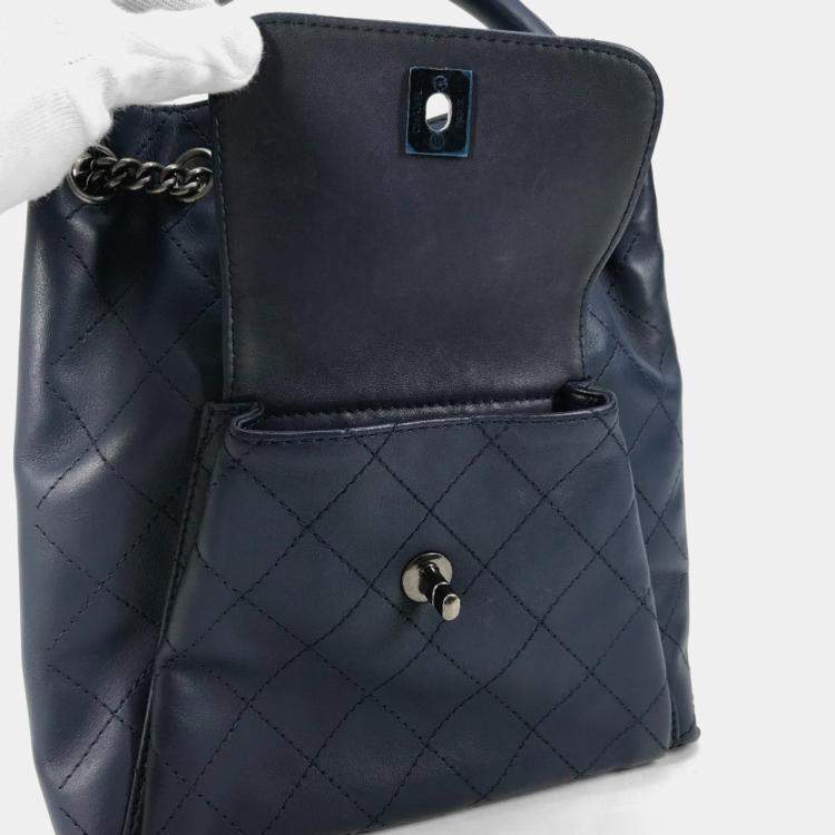 Pre Owned Chanel Matelasse Cc Coco Mark Chain 3-Way Drawstring Handbag Bag Shoulder Leather Blue