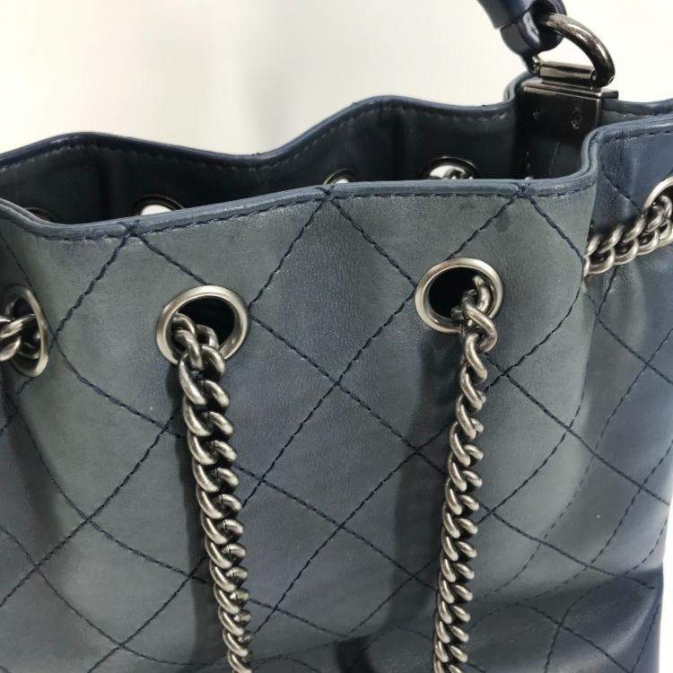 Pre Owned Chanel Matelasse Cc Coco Mark Chain 3-Way Drawstring Handbag Bag Shoulder Leather Blue