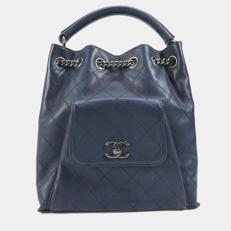 Pre Owned Chanel Matelasse Cc Coco Mark Chain 3-Way Drawstring Handbag Bag Shoulder Leather Blue
