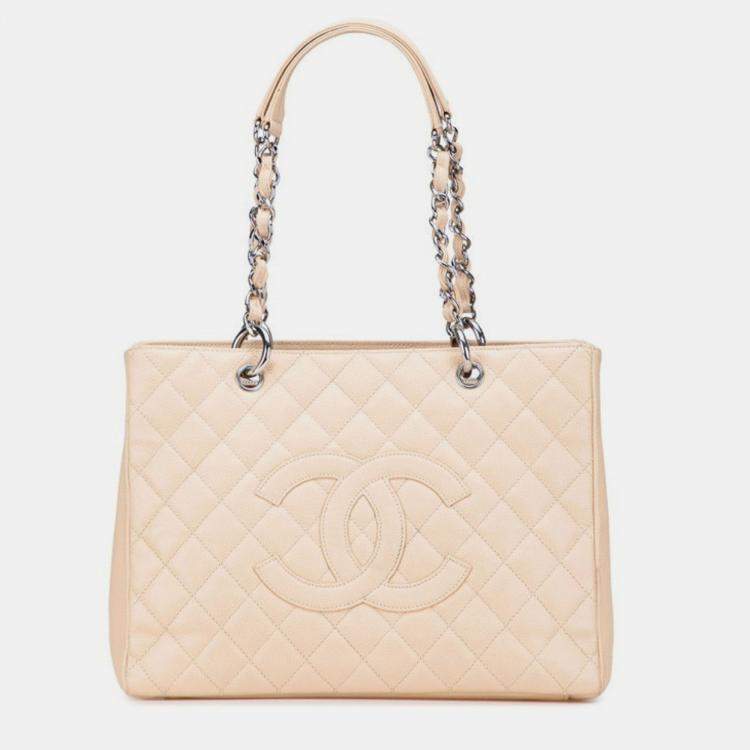 Pre Owned Chanel Matelasse Coco Mark Chain Tote Bag In Beige Caviar Leather