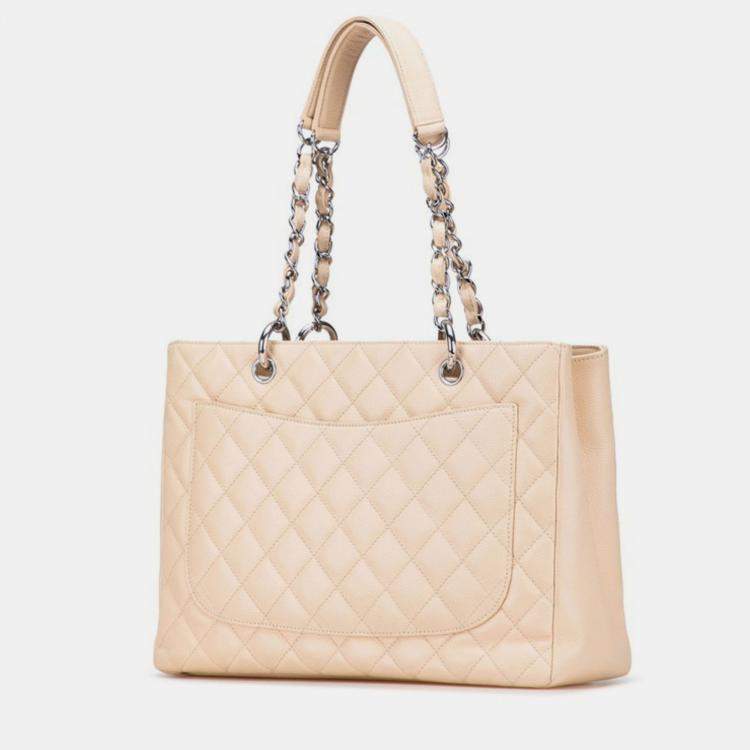Pre Owned Chanel Matelasse Coco Mark Chain Tote Bag In Beige Caviar Leather