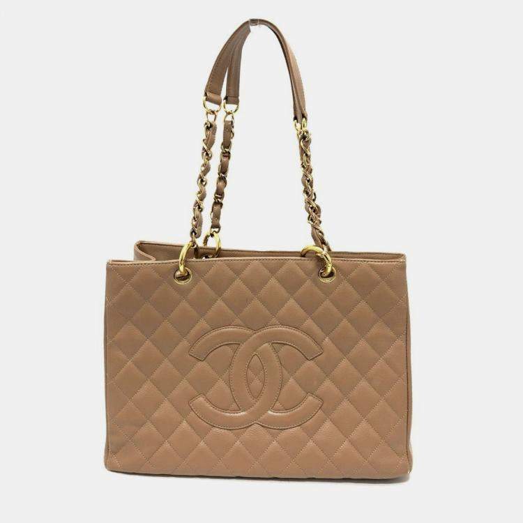 مملوكة مسبقًا Chanel Deka Coco Cc Mark Tote Bag Matelasse Double Chain Shoulder Caviar Skin Beige