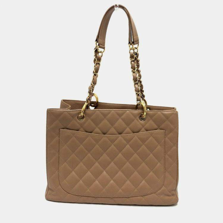 مملوكة مسبقًا Chanel Deka Coco Cc Mark Tote Bag Matelasse Double Chain Shoulder Caviar Skin Beige