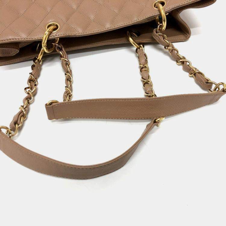 مملوكة مسبقًا Chanel Deka Coco Cc Mark Tote Bag Matelasse Double Chain Shoulder Caviar Skin Beige