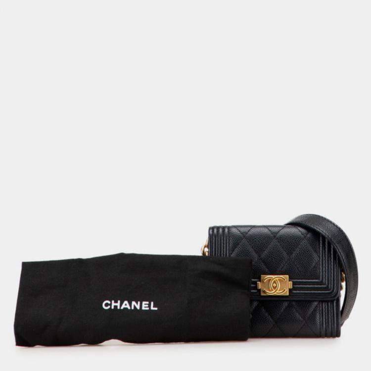 Pre Owned Chanel Matelasse Boy Chanel Coco Mark Chain Shoulder Wallet In Black Caviar Skin