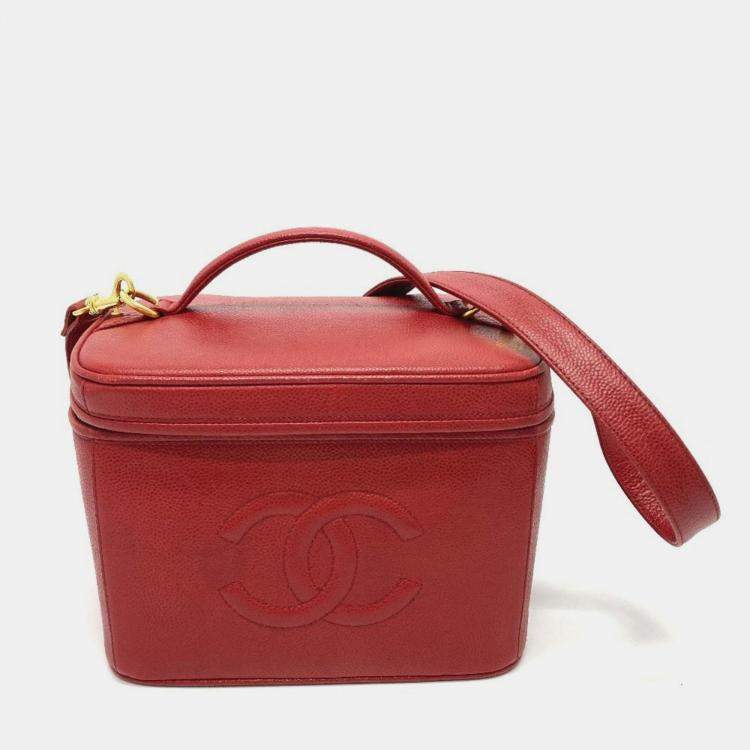 Pre Owned Chanel Cc Coco Mark Vanity Bag Handbag 2-Way Shoulder Caviar Skin Red