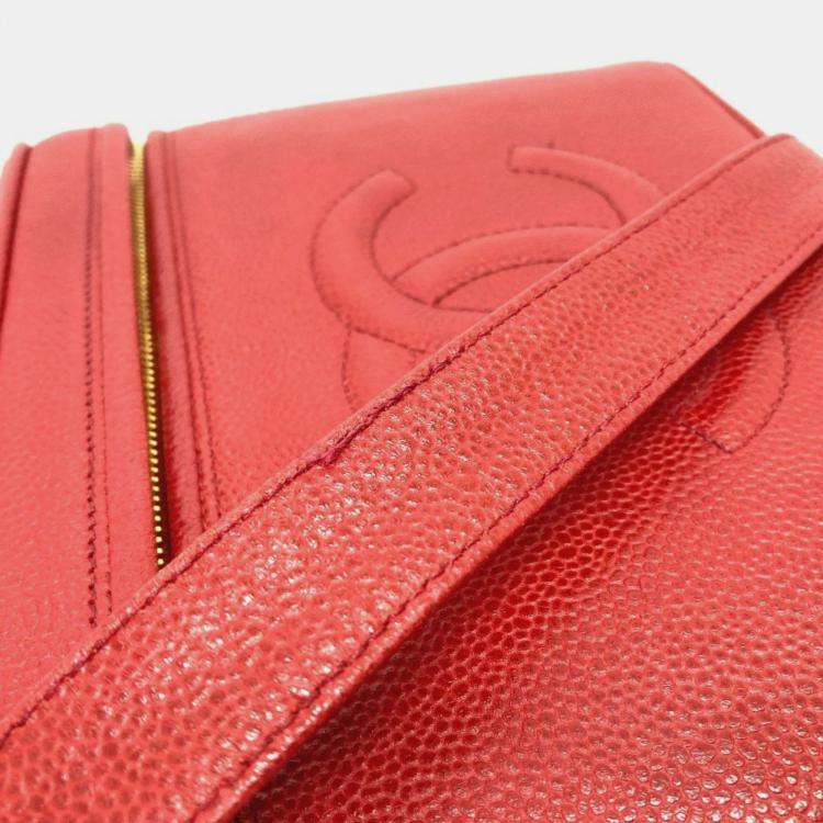 Pre Owned Chanel Cc Coco Mark Vanity Bag Handbag 2-Way Shoulder Caviar Skin Red