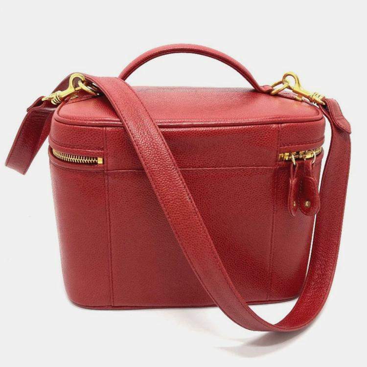 Pre Owned Chanel Cc Coco Mark Vanity Bag Handbag 2-Way Shoulder Caviar Skin Red