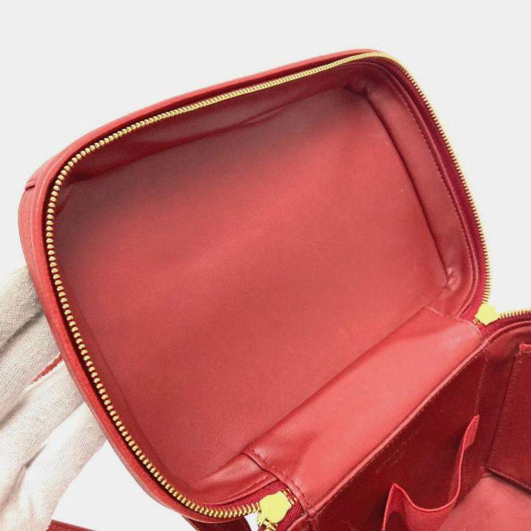 Pre Owned Chanel Cc Coco Mark Vanity Bag Handbag 2-Way Shoulder Caviar Skin Red