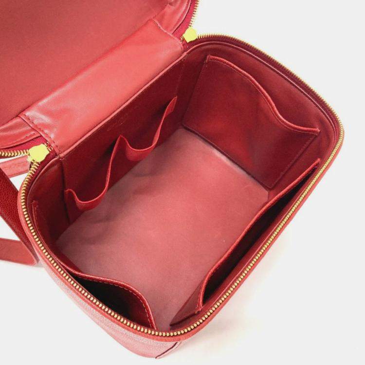 Pre Owned Chanel Cc Coco Mark Vanity Bag Handbag 2-Way Shoulder Caviar Skin Red