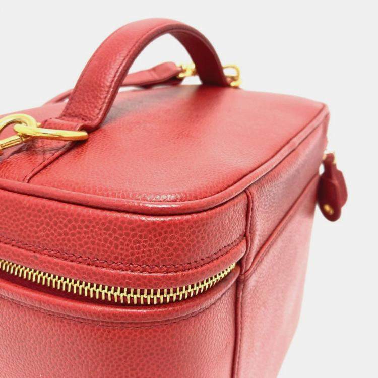 Pre Owned Chanel Cc Coco Mark Vanity Bag Handbag 2-Way Shoulder Caviar Skin Red