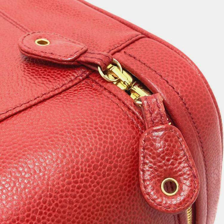 Pre Owned Chanel Cc Coco Mark Vanity Bag Handbag 2-Way Shoulder Caviar Skin Red