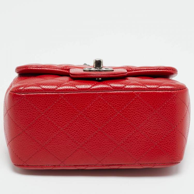Pre Owned Chanel Square Classic Single Flap Mini Red Quilted Caviar Leather Bag