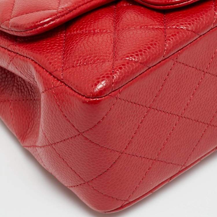 Pre Owned Chanel Square Classic Single Flap Mini Red Quilted Caviar Leather Bag