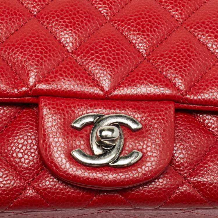 Pre Owned Chanel Square Classic Single Flap Mini Red Quilted Caviar Leather Bag