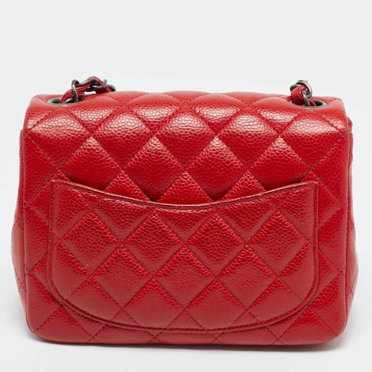Pre Owned Chanel Square Classic Single Flap Mini Red Quilted Caviar Leather Bag