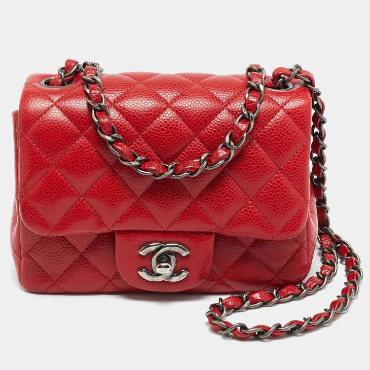 Pre Owned Chanel Square Classic Single Flap Mini Red Quilted Caviar Leather Bag