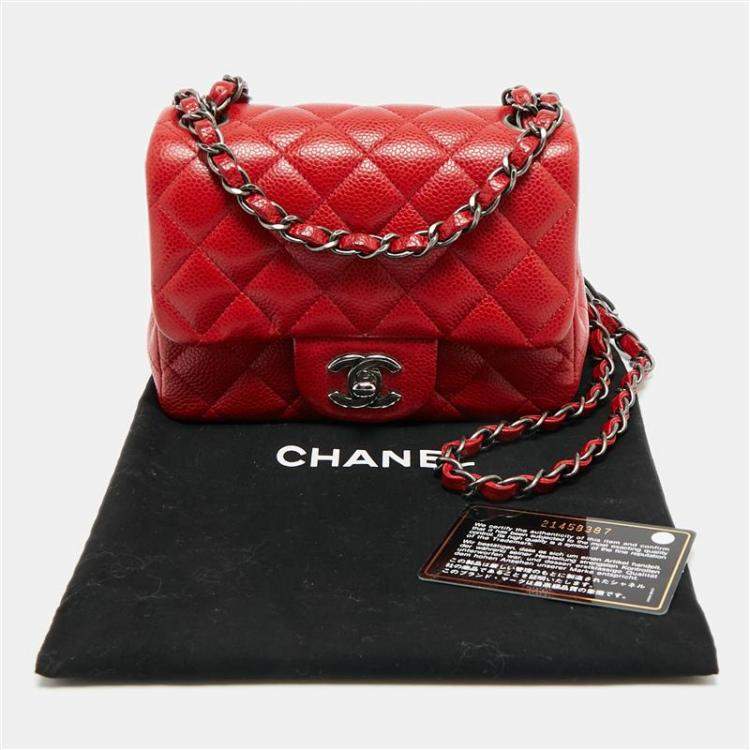 Pre Owned Chanel Square Classic Single Flap Mini Red Quilted Caviar Leather Bag