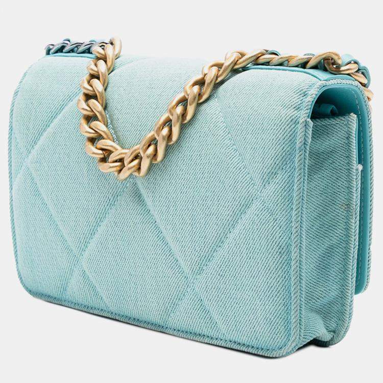 Pre Owned Chanel Blue Denim 19 Flap Wallet On Chain