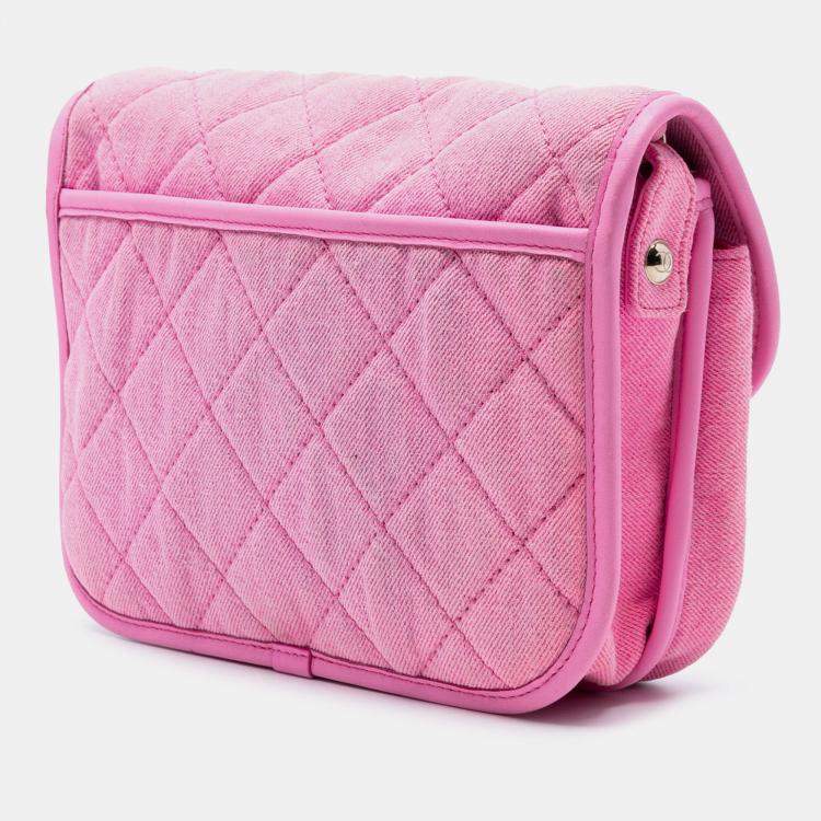 Pre Owned Chanel Pink Small CC Quilted Denim Messenger Flap