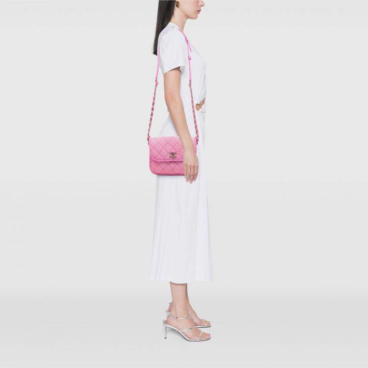 Pre Owned Chanel Pink Small CC Quilted Denim Messenger Flap