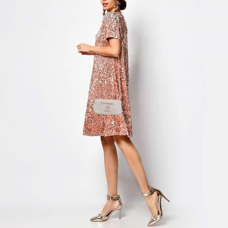 Pre Owned Chanel Deauville Double Zip Pink Fabric Chain Clutch 