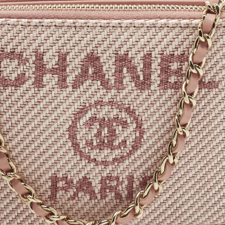 Pre Owned Chanel Deauville Double Zip Pink Fabric Chain Clutch 