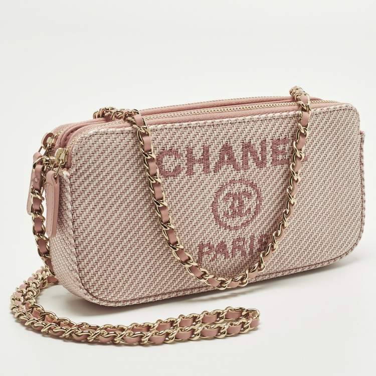 Pre Owned Chanel Deauville Double Zip Pink Fabric Chain Clutch 