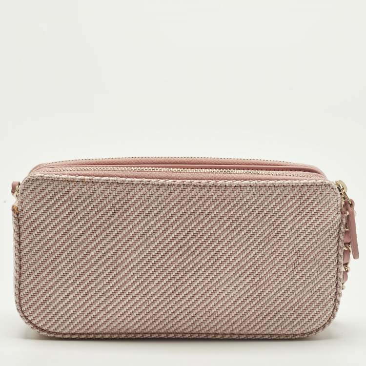 Pre Owned Chanel Deauville Double Zip Pink Fabric Chain Clutch 