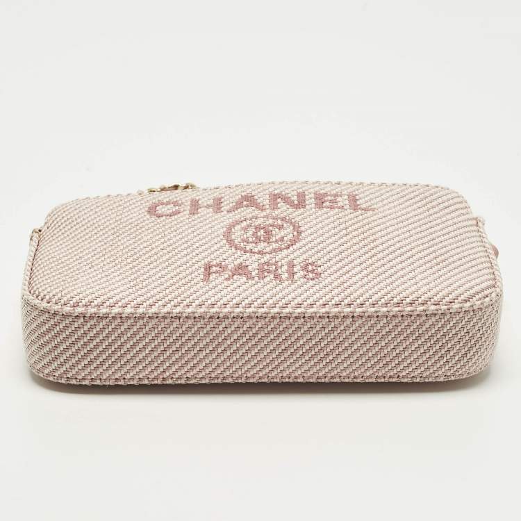 Pre Owned Chanel Deauville Double Zip Pink Fabric Chain Clutch 
