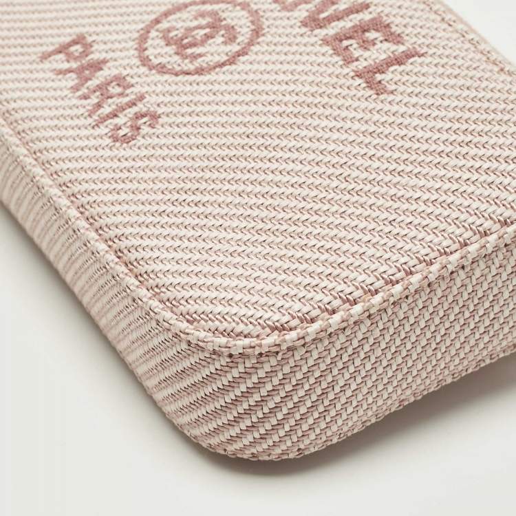 Pre Owned Chanel Deauville Double Zip Pink Fabric Chain Clutch 