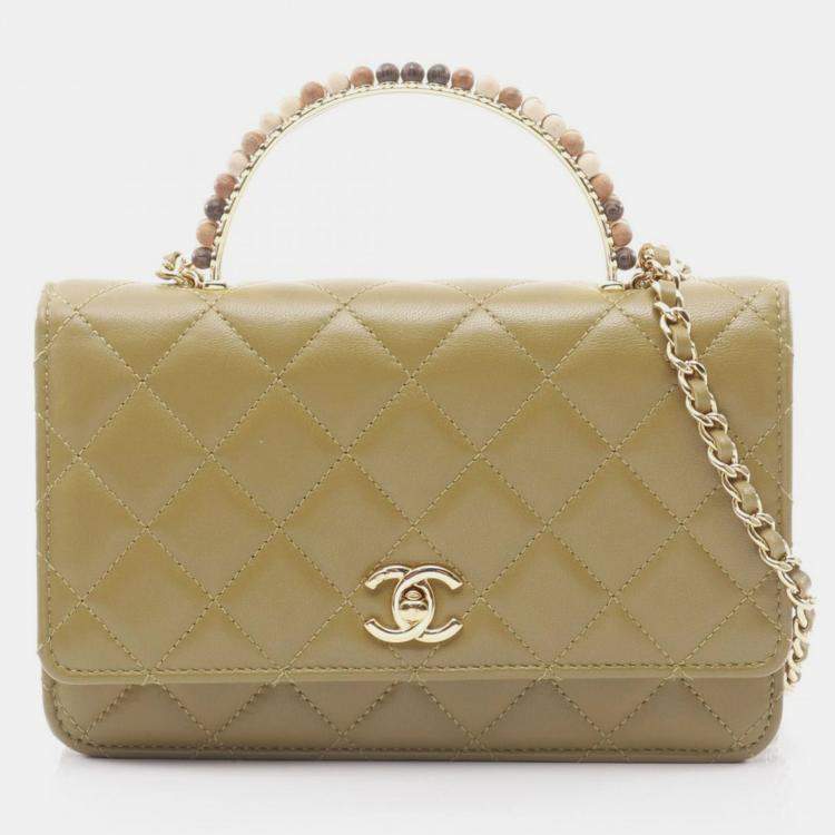 مملوكة مسبقًا Chanel CC Strass on Top Khaki Leather Wallet on Chain