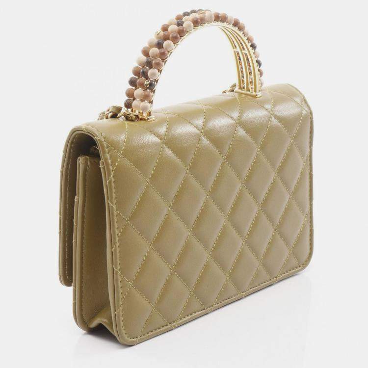 مملوكة مسبقًا Chanel CC Strass on Top Khaki Leather Wallet on Chain