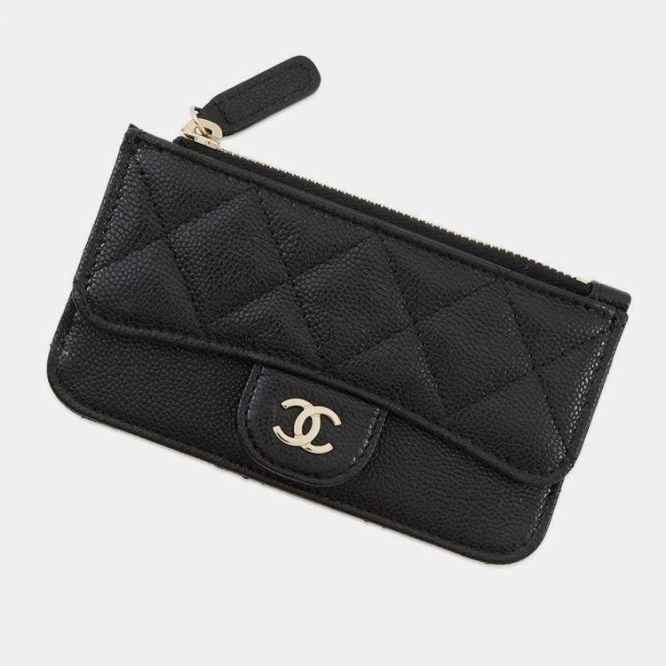 Pre Owned Chanel Matelasse Classic Zip Card Case Black Caviar Leather