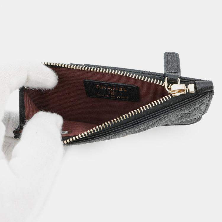 Pre Owned Chanel Matelasse Classic Zip Card Case Black Caviar Leather