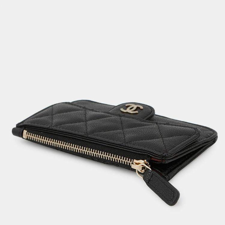 Pre Owned Chanel Matelasse Classic Zip Card Case Black Caviar Leather
