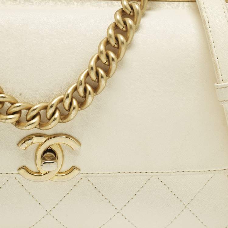 Pre Owned Chanel Coco Luxe Small Off White Quilted Leather Flap Bag