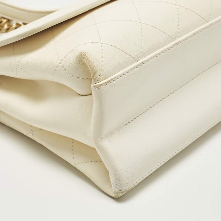 Pre Owned Chanel Coco Luxe Small Off White Quilted Leather Flap Bag
