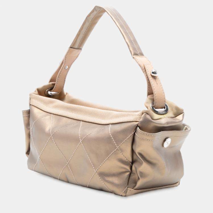 Pre Owned Chanel Gold Paris Biarritz Quilted Coated Canvas Handbag