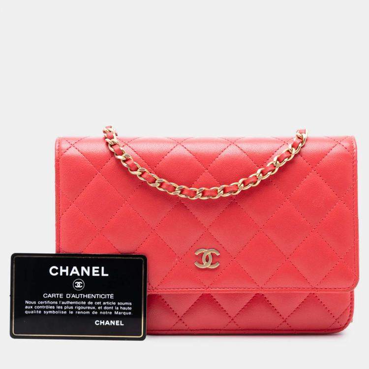 Pre Owned Chanel Red CC Quilted Lambskin Wallet on Chain