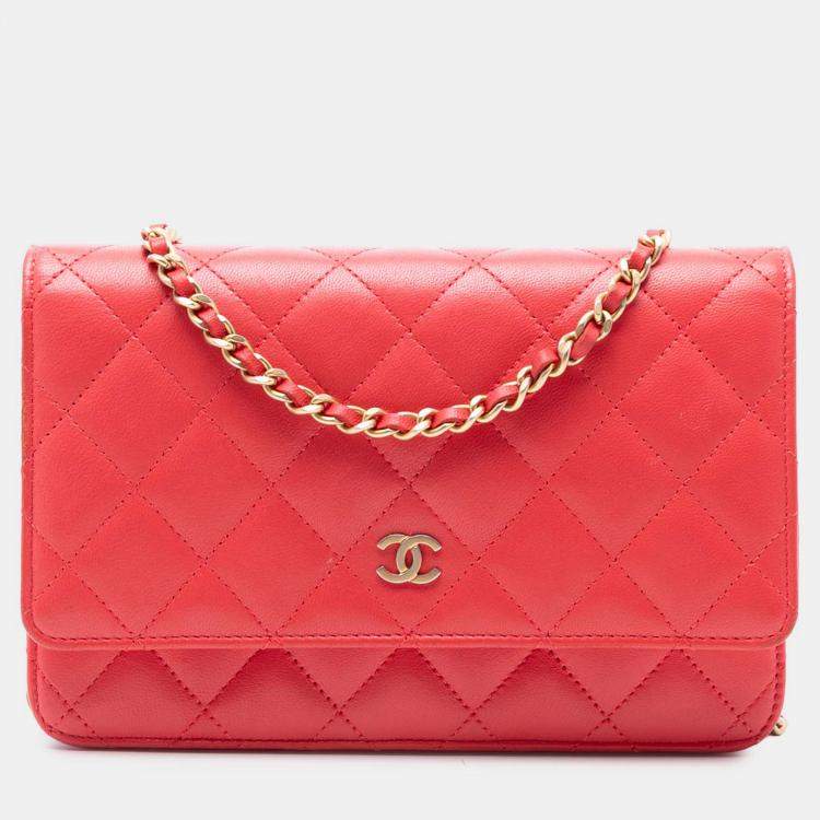 Pre Owned Chanel Red CC Quilted Lambskin Wallet on Chain