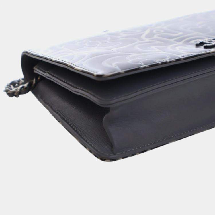 Pre Owned Chanel Blue CC Embossed Patent Camellia Wallet On Chain