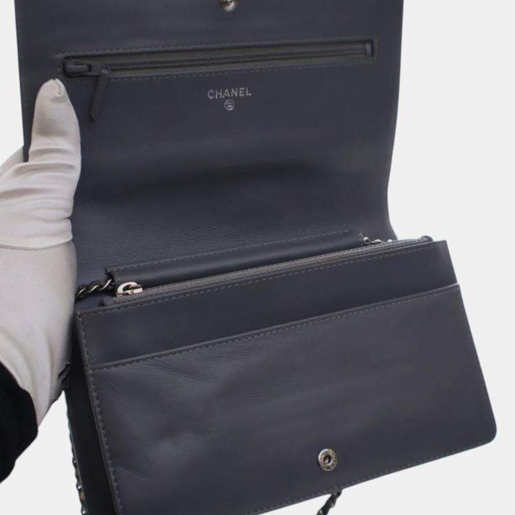 Pre Owned Chanel Blue CC Embossed Patent Camellia Wallet On Chain