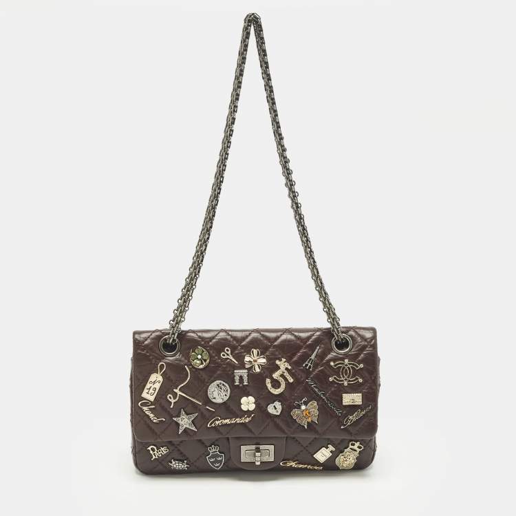 Pre Owned Chanel Lucky Charm Reissue 2.55 Classic 225 Dark Burgundy Aged Quilted Leather Flap Bag