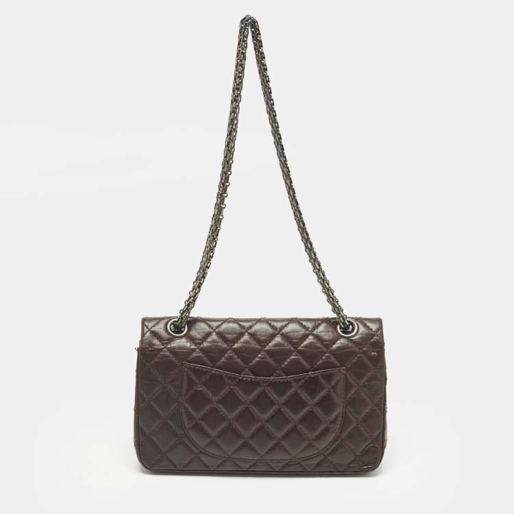 Pre Owned Chanel Lucky Charm Reissue 2.55 Classic 225 Dark Burgundy Aged Quilted Leather Flap Bag