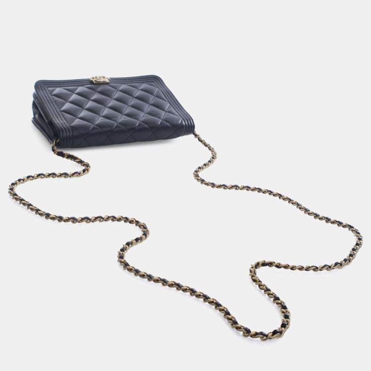 Pre Owned Chanel Black Quilted Caviar Boy Wallet on Chain